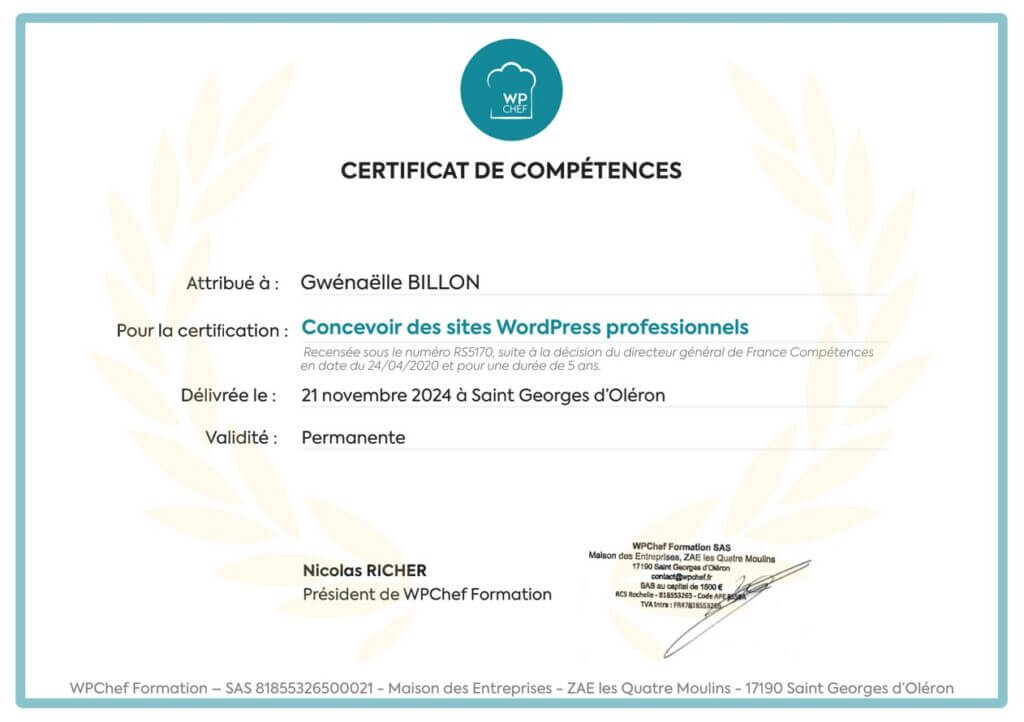 Diplôme "Concevoir des sites WordPress professionnels" de WPChef