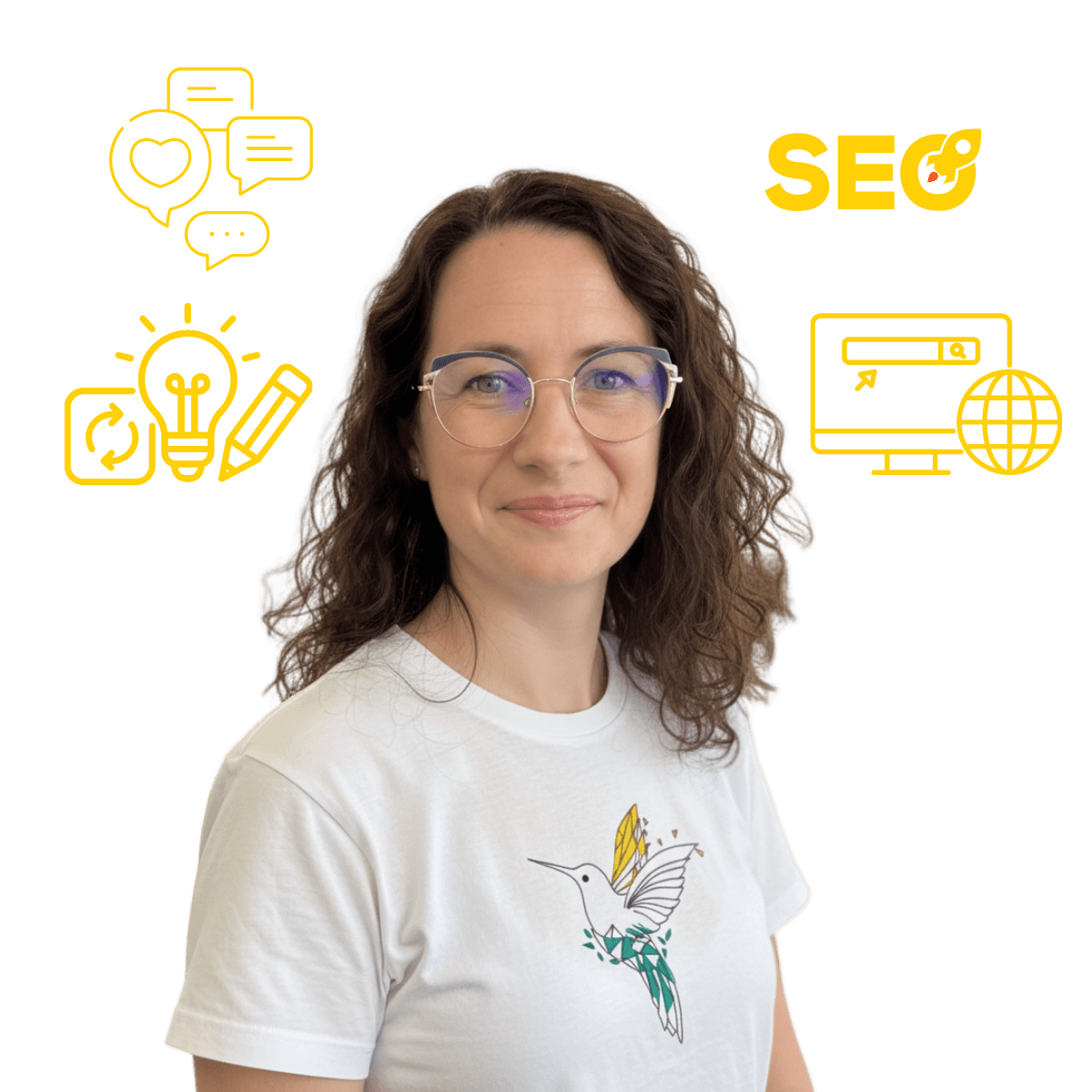 Portrait de la fondatrice de com-libri, Gwénaëlle Billon à Brest, entourée d'icônes SEO, création et webdesign.