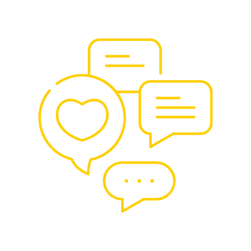 Icône de bulles de discussion et cœur symbolisant le community management par com-libri, freelance à Brest.